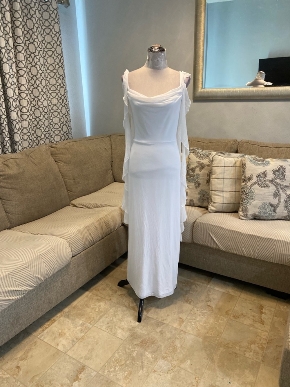 New PrettyGarden Women Large white maxi gown with a draped cowl neckline